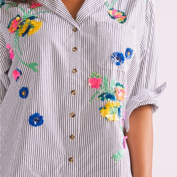 Anthropologie Maeve Striped Floral Sequin Shirt - Size 4 - Picture 6 of 13